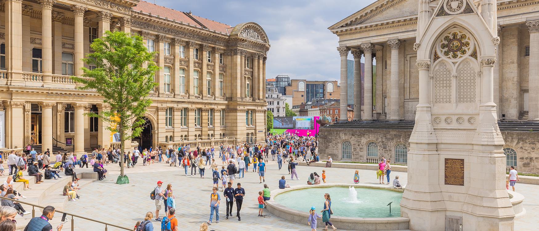 A photograph of Birmingham's Chamberlain Square and its Victorian architecture