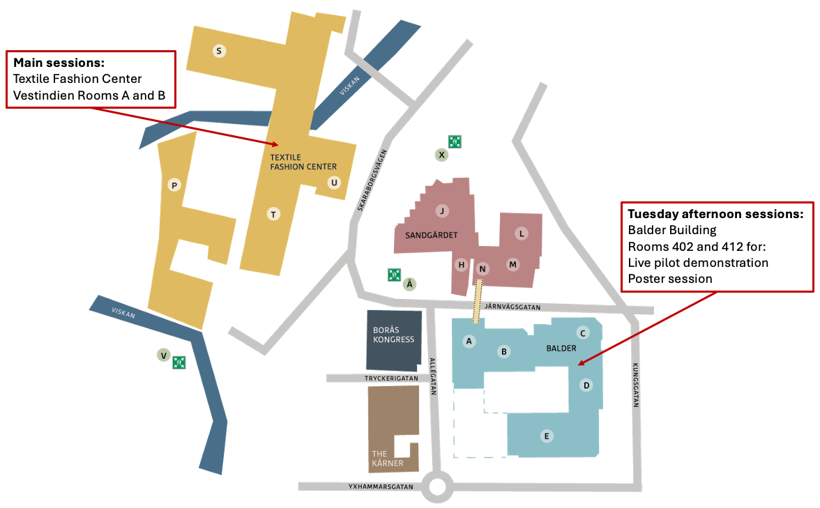 Map that reads "Main sessions: Textile Fashion Center, Vestindien Rooms A and B" and Tuesday Afternoon Sessions: Balder Building Rooms 402 and 412 for live pilot demonstration and poster session